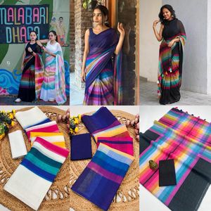 Sari de Lino y Algodón Exclusivo de Primera Calidad con Hermoso Estampado Digital, Estilo Tradicional Indio y Pakistaní, para Bodas y Fiestas - Product Image 6