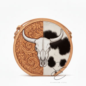 Bolso de cuero repujado con calavera de toro y pelo, estilo bohemio para mujer, bandolera, bolso de hombro estilo western, bolso tipo cantina redondo - Product Image 2