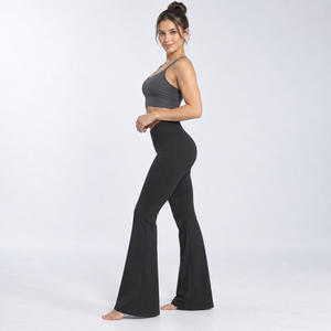 <b>High</b> <b>Waist</b> <b>Flared</b> Leg Yoga <b>Leggings</b> Women Seamless Solid Color Athletic Full Length Pants Elastic <b>Waist</b> Black Spandex Nylon - Product Image 4