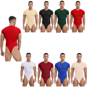 Mens Sport Bodysuit Round Neck Short Sleeve Leotard Jumpsuit Solid Color <b>Rompers</b> for Bodybuilding Yoga Gymnastics Jogging - Product Image 1