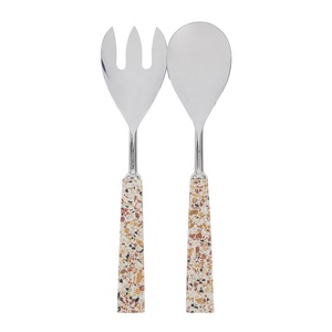 Juego de servidor de ensalada con diseño de hoja ovalada en relieve largo hecho a mano, mango de mármol blanco, Material de Metal chapado en oro - Product Image 5