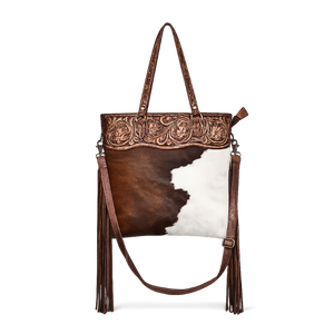 Premium Handmade Hair-On Cowhide Leather Tote <b>Bag</b> with <b>Hand</b> Tooled Floral Design Fringe and Detachable Shoulder Strap for Women - Product Image 1