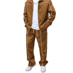 Ensembles de survêtements de luxe pour hommes en velours marron avec capuche, personnalisables, style streetwear, fermeture éclair, OEM ODM, fournisseur d'usine en marque blanche - Product Image 5