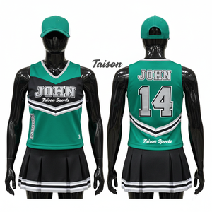 เสื้อเชียร์ลีดเดอร์ผู้หญิง GSM พรีเมียม โพลีเอสเตอร์ ระบายอากาศได้ดี สีเขียวอมฟ้า ขาว ดีไซน์แผงวี  แบบซับลิเมชั่น สกรีนโลโก้ได้ตามต้องการ ชุดยูนิฟอร์มเชียร์ลีดเดอร์ - Product Image 2