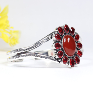 New Arrival 925 Sterling Silver <b>Red</b> Carnelian / <b>Red</b> Opaque Gemstone Sunburst Cuff <b>Bracelet</b> Handcrafted Flower Bangle Jewelry - Product Image 3