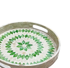 Wholesale Mother of pearl <b>tray</b> Custom green leaf bloom shell mosaic <b>round</b> <b>tray</b> for vanity perfume cosmetic organizer box - Product Image 2