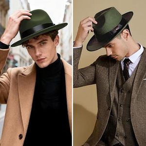 Olive Green Wool Fedora Hat with Black Ribbon Band Wide Brim Unisex Classic Style for Casual Wear Four Seasons - Product Image 4