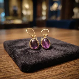 Boucles d'oreilles pendantes en laiton et améthyste naturelle, faites à la main, bijoux en pierres précieuses, vente en gros - Product Image 1