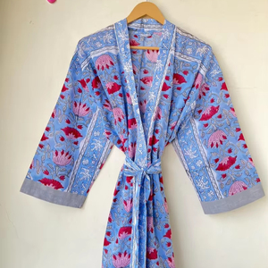 Bata Kimono con Estampado de Dibujos Animados para Mujer, 100% Algodón, Camisón de Verano Hecho a Mano, Cuello en V, Cintura Elástica, Largo hasta la Rodilla - Product Image 1