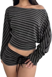 Women's Striped Knitted Crop <b>Top</b> And Shorts Set Off Shoulder Sleeveless Drawstring Waist Blue White Two Piece Outfit - Product Image 6