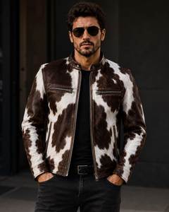 Chaqueta de Cuero Genuino para Hombre, Estilo Motero, con Cuello Alto, Cierre de Cremallera, Estampado Animal, para Otoño - Product Image 2