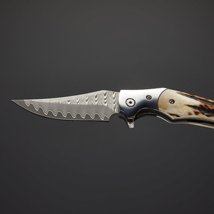 Cuchillo Plegable de Acero de Damasco con Hoja de Punta Caída y Mango con Perilla, Cuchillo de Caza de 0.7mm de Grosor - Product Image 3