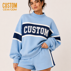 Women's Mock Neck Sweatshirt Shorts Set Contrast Stripe Letter Print Loose Casual Two Piece Outfit Wholesale