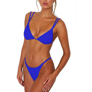Conjunto de Bikini Azul Marino Sólido de Cintura Alta con Frente Fruncido, Estilo Retro, Braguita Completa y Cuello Halter Ajustable - Product Image 2