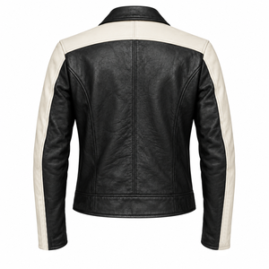 <b>Men</b>’s Black & White <b>Genuine</b> <b>Leather</b> Biker <b>Jacket</b> with Asymmetrical Zip, Contrast Sleeves and Zipper Pockets - Product Image 2