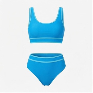 Ensemble bikini 2 pièces bleu uni pour femme avec bordure contrastée, bas taille haute et haut à col rond - Product Image 1