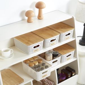 Cute Labeled 5.2qt <b>Small</b> Plastic <b>Storage</b> Bins with Bamboo Lids Stackable Box <b>Basket</b> for Pantry Decorative Organizing - Product Image 5