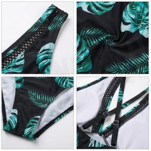 Traje de baño de una pieza para mujer con cuello en V profundo, estampado de hojas tropicales, detalle de malla, traje de baño elástico - Product Image 5