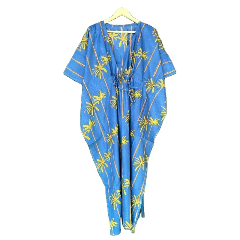 Grosir gaun Kaftan buatan tangan katun India pakaian tidur wanita gambar bunga penutup pantai gaya Boho Hippie Kaftan