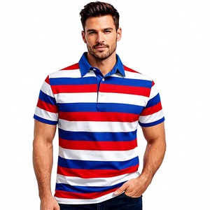 เสื้อเจอร์ซีย์ลายทางสีแดง ขาว น้ำเงิน สำหรับผู้ชาย ผ้าฝ้าย ทรงปกติ แขนสั้น เสื้อกอล์ฟลำลอง สวมใส่สบาย มีสไตล์ ไซส์พลัส - Product Image 1