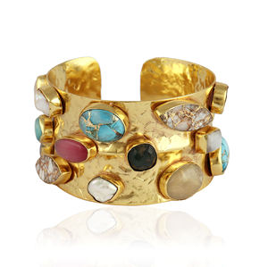 Bold statement jewelry multi color gemstone wide cuff <b>bracelet</b> brass 18k gold plated adjustable closure hammered cuff for women - Product Image 2