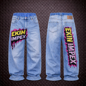 Jean en denim taille mi-haute, délavé et déchiré, coupe ample à jambe large, double taille, avec empiècements, logo personnalisé, style streetwear, 100% coton, pour le voyage, vente en gros - Product Image 5