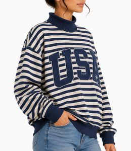 Sweat-shirt à col montant personnalisé USA, surdimensionné, avec appliqué en gingham, lettres brodées, en molleton unisexe - Product Image 2