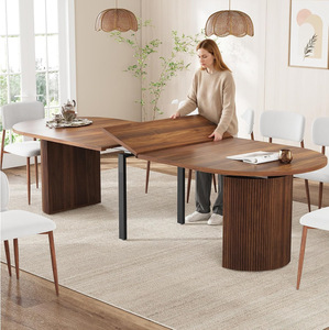 Modern Minimalist Extendable Oval Wooden Dining Table with Fluted Base - Product Image 4