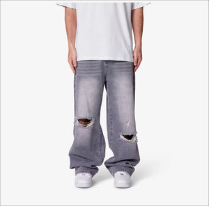 Pantalon en jean 100 % coton pour homme, coupe droite, style streetwear, respirant, léger, tricoté, effet vieilli, haute qualité, été, printemps, hiver - Product Image 1