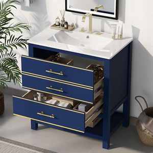 Modern 30-Inch Navy Blue/White Bathroom Vanity Combo with <b>Open</b> <b>Storage</b> & Two Drawers - Product Image 2