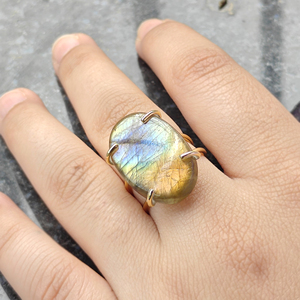 <b>Labradorite</b> Oval Shape Gemstone Brass <b>Ring</b> 18k Gold Plated Double Band Adjustable <b>Ring</b> Bohemian Style for Unisex Fashion Jewelry - Product Image 4