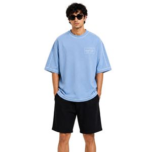 Light Blue And Black Mens Oversized <b>T</b> <b>Shirt</b> And Shorts Set Custom Logo Contrast Stitching Casual Streetwear Summer Two Piece Set - Product Image 1