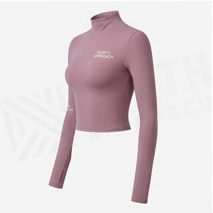 North Approach Women's <b>Turtleneck</b> <b>Crop</b> <b>Top</b> Full Sleeve Solid Color Yoga Wear Breathable Spandex Polyester Sportswear - Product Image 3