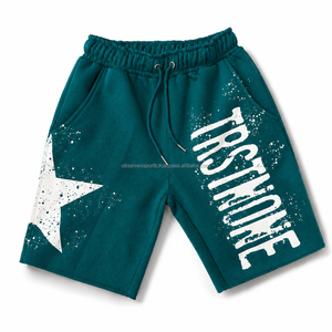 Shorts Bermuda en coton gris pour homme avec imprimé étoiles et texte, taille à cordon de serrage, style décontracté - Product Image 5