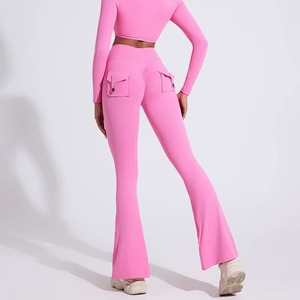 Custom Wholesale Shiny High Waist Spandex/Polyester Solid Women V Back Butt Lift Tummy Control Seamless <b>Flare</b> <b>Leggings</b> - Product Image 2