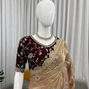 Elegante Saree de Seda Fandi con Bordado Intrincado de Hilo y Lentejuelas, de Secado Rápido, para Todas las Estaciones, Estilo Bollywood, Largo hasta el Suelo, para Bodas y Fiestas - Product Image 1