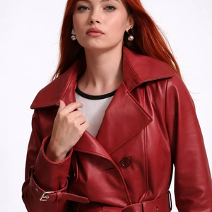 Gabardina Larga de Cuero Sintético Rojo para Mujer, Estilo Casual de Otoño, Cuello con Muescas, Manga Larga, Doble Botonadura, con Cinturón - Product Image 4