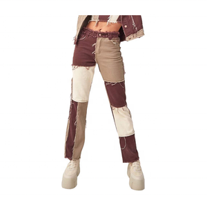 High Waisted Straight Leg <b>Stretch</b> Patchwork Color Block <b>Jeans</b> for <b>Women</b> Available in Best Selling Prices - Product Image 1