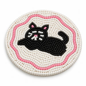 Stylish Glass <b>Beaded</b> Black Cat <b>Coaster</b> for Dining Table | Decorative Round Drink Mat for Kitchen Home Decor Tabletop Accessories - Product Image 1