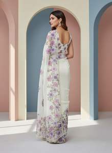 Sari de organza de seda con estampado floral, perlas y bordes de trabajo manual, sin arrugas, de secado rápido, para fiestas. - Product Image 4