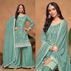 Traje Plazzo de Seda Chinon Ligero de Última Moda con Bordado de Lentejuelas, Vestido Sharara para Mujer, Estilo Indio Pakistaní, para Bodas - Product Image 1