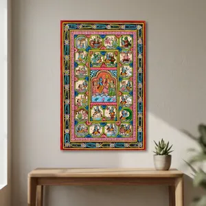 Pintura Tradicional India Hecha a Mano de Krishna y Leela, Pattachitra, Arte Folclórico, Decoración de Pared, Obra de Arte Mitológica para el Hogar, Venta al Por Mayor - Product Image 3