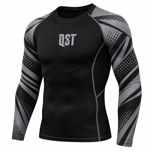 QST Men's <b>Black</b> Gray Long Sleeve Rash Guard <b>Compression</b> <b>Shirt</b> Quick Dry Front Logo Print for Fitness MMA BJJ Running - Product Image 1