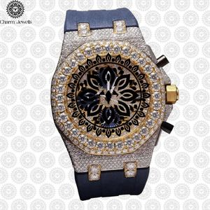 Charm_Jewells Men's Luxury Stainless Steel <b>Watch</b> 43mm Irregular Case Diamond Encrusted Rubber Band <b>Mechanical</b> Chronograph - Product Image 1