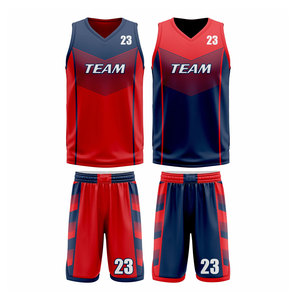Team Basketball Uniforms Red and <b>Navy</b> V-Neck Sleeveless Moisture Wicking 100% Polyester Adult Unisex Sublimated Print - Product Image 1