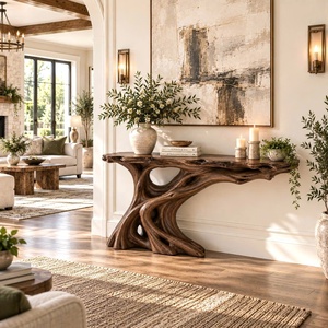 Console d'entrée en bois, table d'appoint étroite de style farmhouse, table derrière le canapé, buffet haut de gamme en bois massif de style Wabi Sabi - Product Image 5
