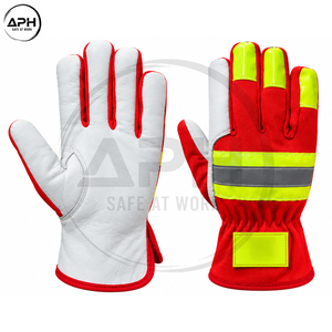 High Visibility <b>Red</b> Assembly Work <b>Gloves</b> Reflective Striped Back Yellow Finger Tips Leather Palm Roadway Maintenance Wear - Product Image 2