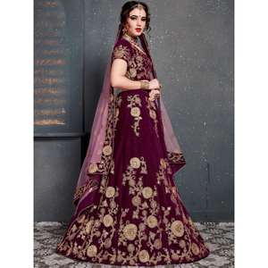 <b>Purple</b> Embroidered <b>Velvet</b> Bridal Lehenga Choli - Product Image 5