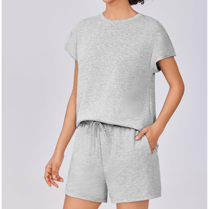 High Quality Women <b>Sets</b> Above Knee Canvas Breathable Streetwear 2Piece Short <b>Set</b> Regular Fit Short Sleeve Solid Color Short <b>Set</b> - Product Image 3