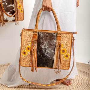 Beautiful Designer Hand Tooled Carving Leather Fringe Handbag Cowhide Fur <b>Boho</b> Vintage Handmade Tote <b>Bag</b> Stylish Shoulder <b>Bags</b> - Product Image 1